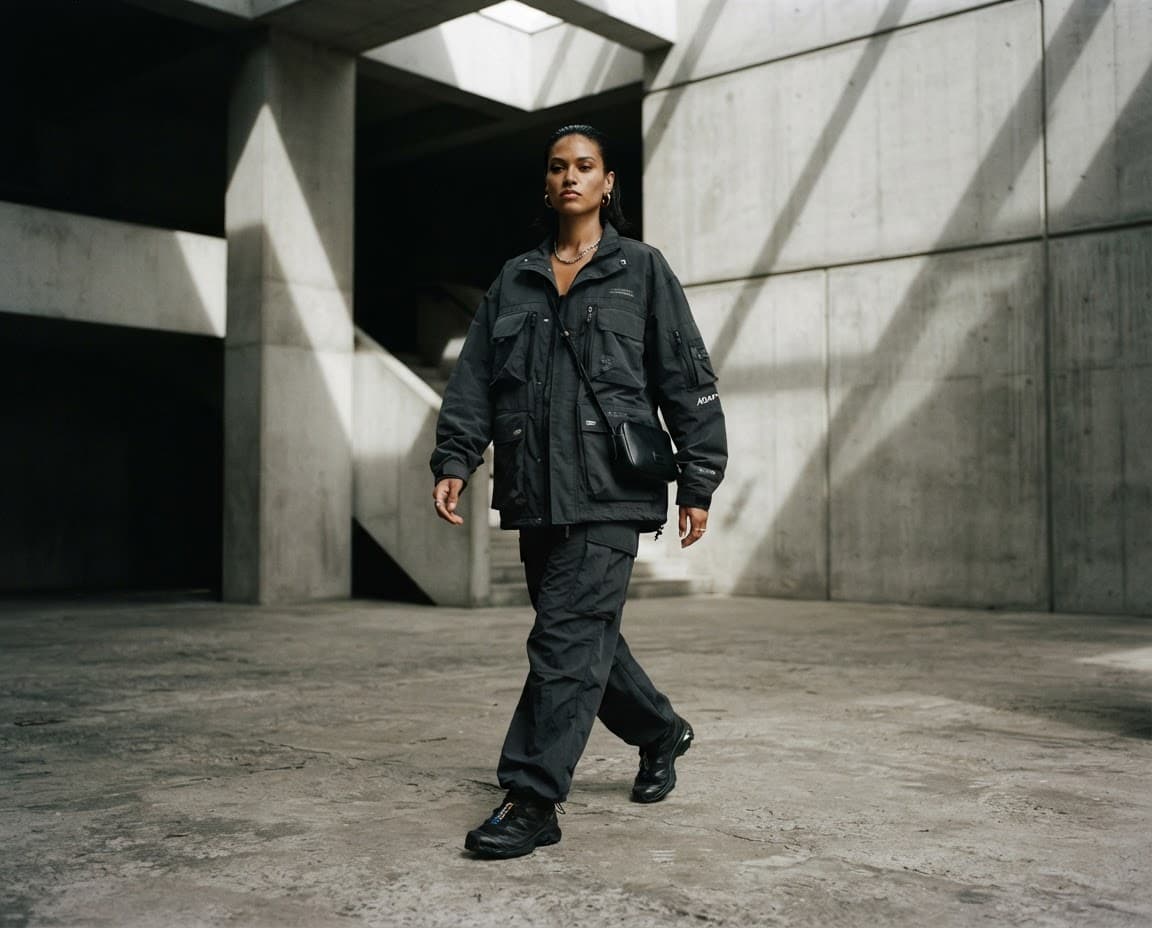 Editorial streetwear model in black technical jacket